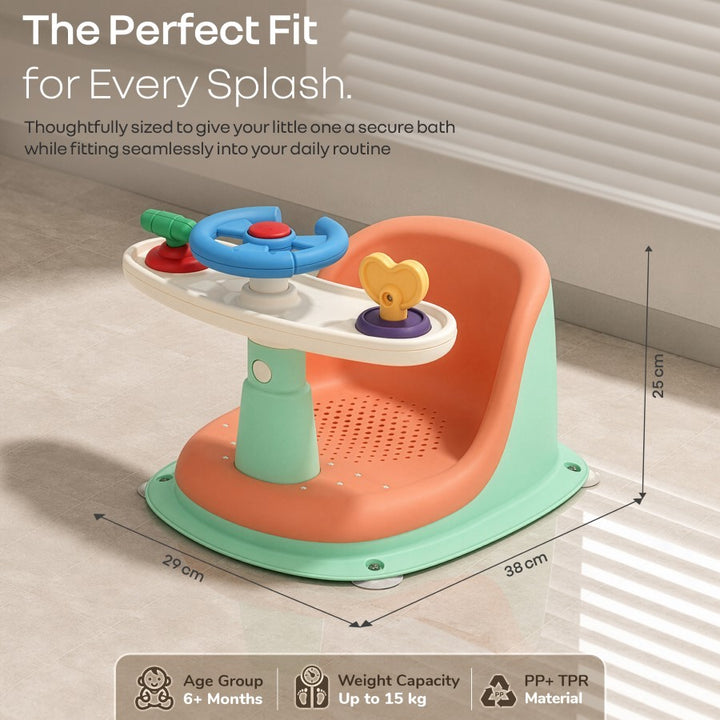 Fun Time Cozy 2 in 1 Baby Bath Seat, Ergonomic TPR Backrest, Quick Draining Mesh, Interactive Toy, Anti-Slip, Age 6+ Months – Peach Mint