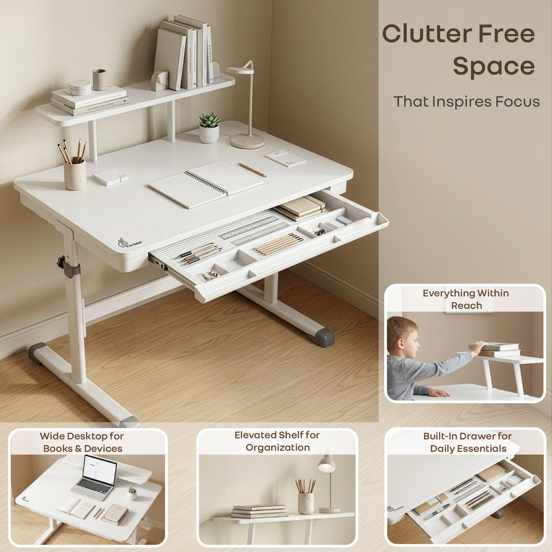 Kiddie Grow Edge Kids Study Table & Chair Set for 3–15 Years, Hydraulic Height Adjustable, Ergonomic Chair, Storage Drawer, Upto 100 kg