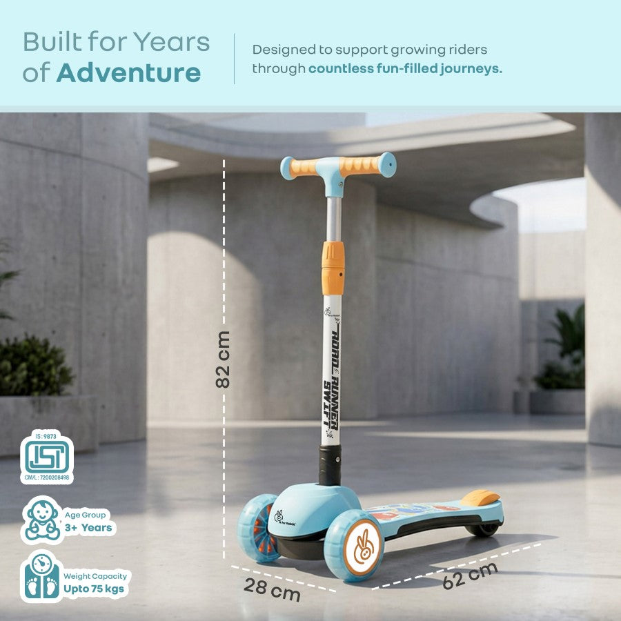 Road Runner Swift Kids Scooter - 3 Level Height Adjustable, Foldable, LED PU Wheels with Gravity Steering - Blue Orange