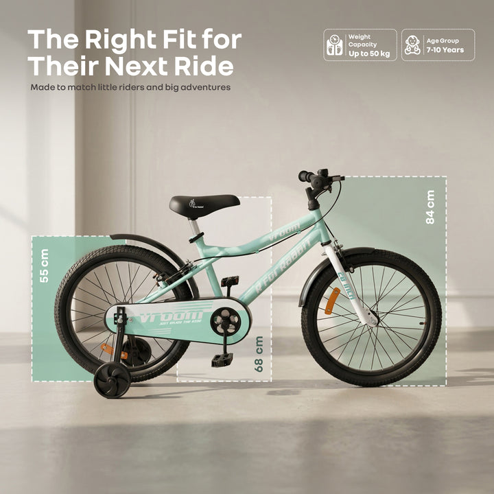 Vroom Bicycle For Kids 20 Inch With 90% Plug And Play For Ease Of Installation, Wide Training Wheels, Adjustable Seat, 7-10yrs, Upto 50kgs - Sea Green