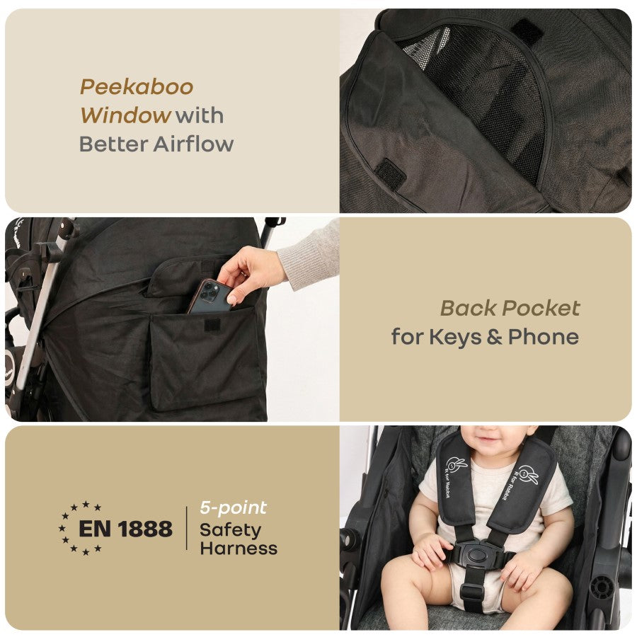 Chocolate Ride Baby Stroller With Personalized Name Plate - Black Grey