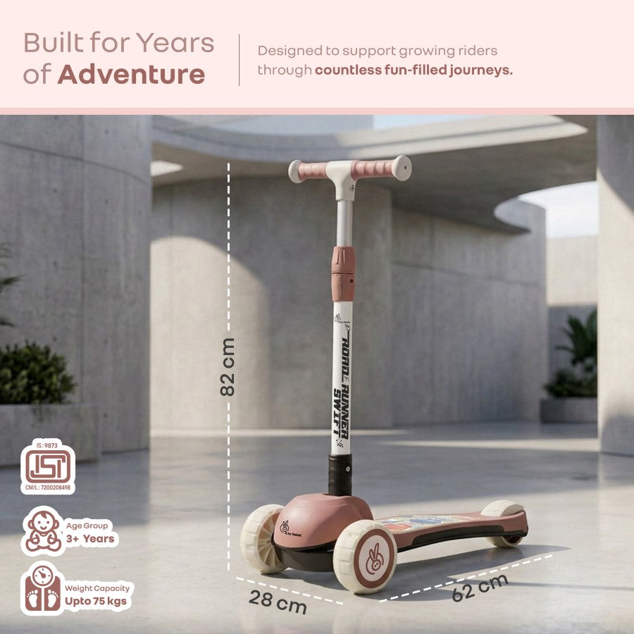 Road Runner Swift Kids Scooter - 3 Level Height Adjustable, Foldable, LED PU Wheels with Gravity Steering - Dusty Rose