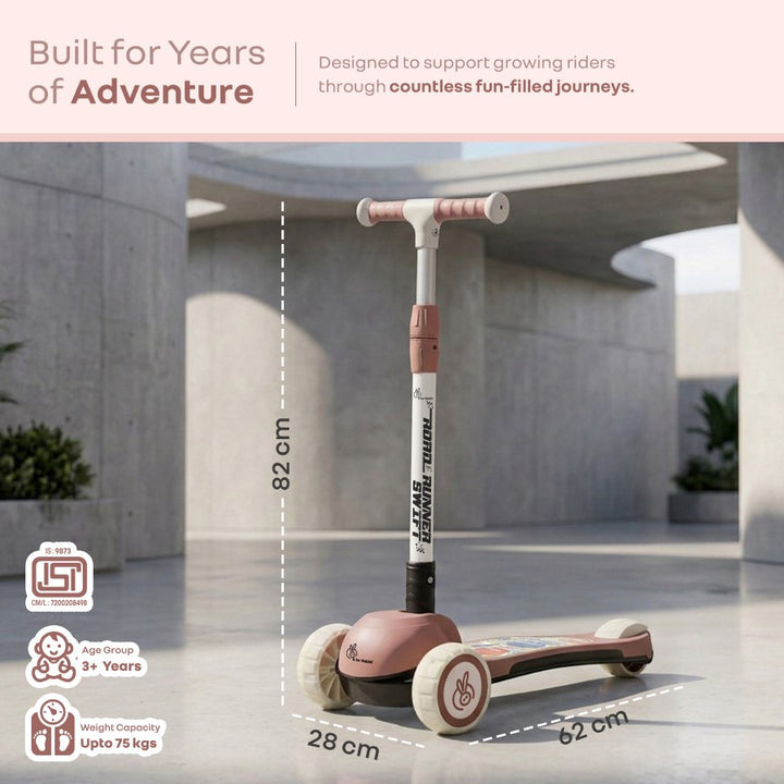 Road Runner Swift Kids Scooter - 3 Level Height Adjustable, Foldable, LED PU Wheels with Gravity Steering - Dusty Rose