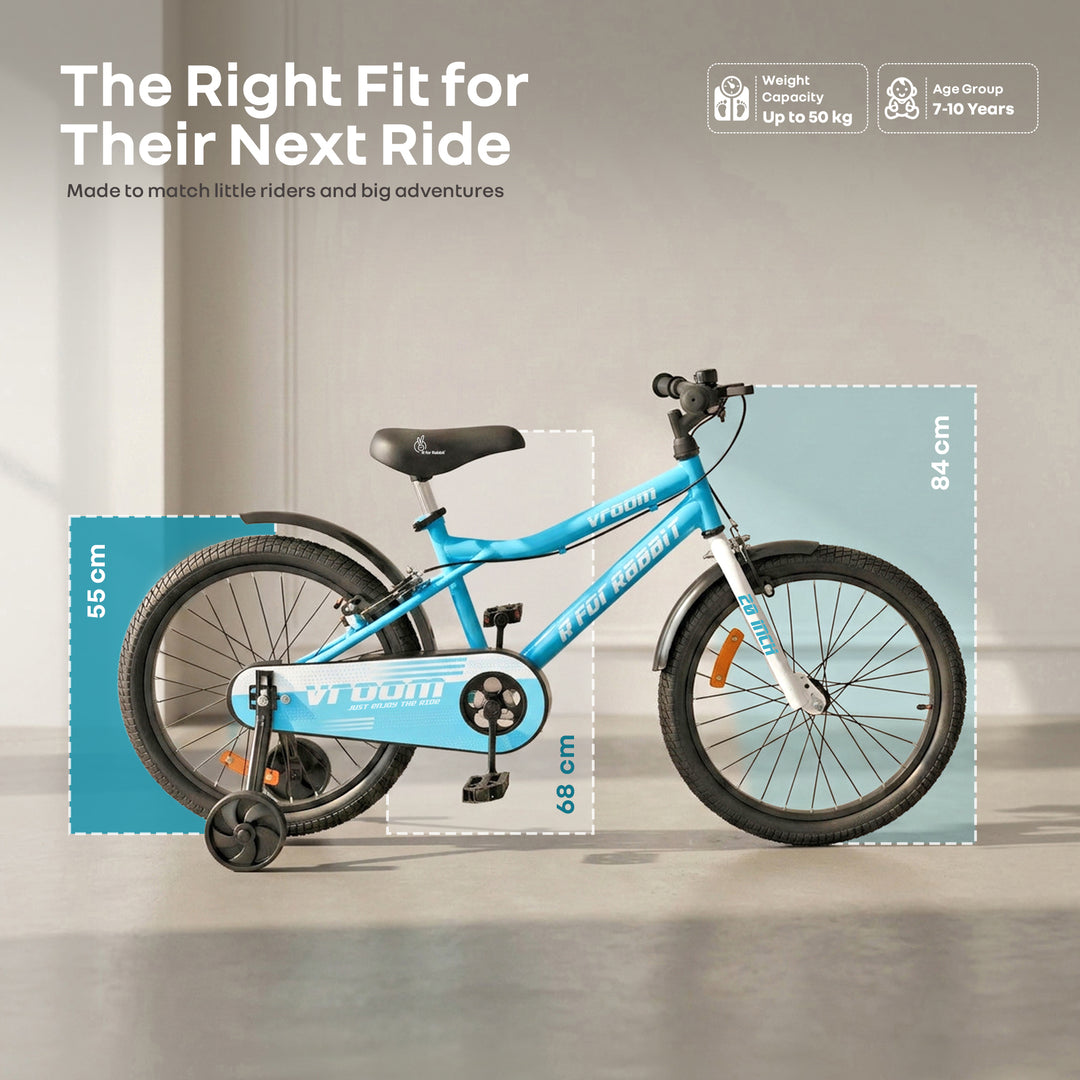 Vroom Bicycle For Kids 20 Inch With 90% Plug And Play For Ease Of Installation, Wide Training Wheels, Adjustable Seat, 7-10yrs, Upto 50kgs - Lake Blue