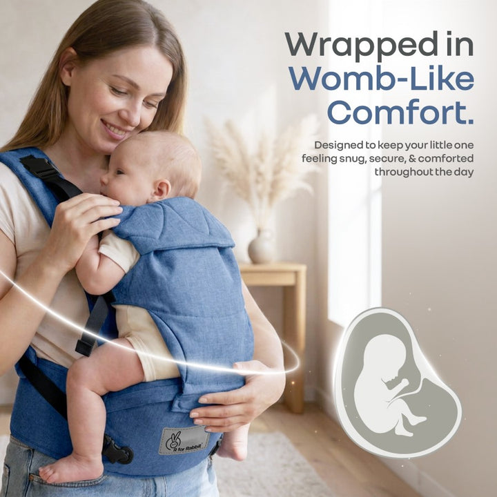 Solo Wrap Comfy 5-in-1 Baby Carrier with Detachable Hip Seat, X Back & Lumbar Support, Ergonomic M Position - Denim Blue