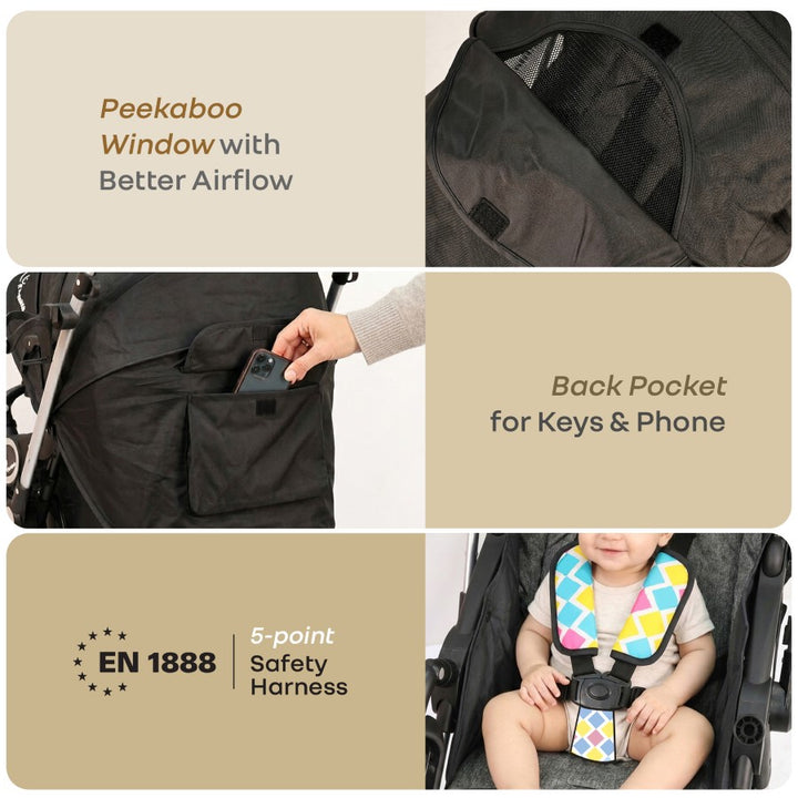 Chocolate Ride Baby Stroller With Personalized Name Plate - Black Multi