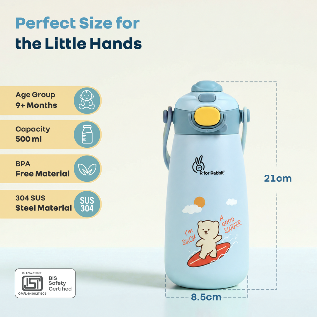 Steebo Duo 2-in-1 Stainless Steel Straw Sipper Bottle 500ml with Double Wall Insulation, Leak Proof Lockable Lid & Anti-Colic Design - Ice Blue