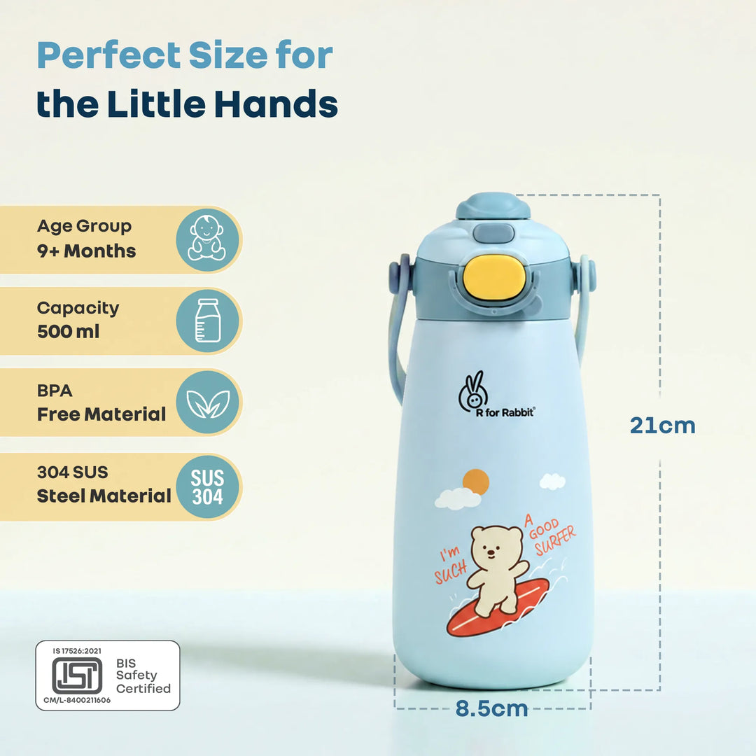 Steebo Duo 2-in-1 Stainless Steel Straw Sipper Bottle 500ml with Double Wall Insulation, Leak Proof Lockable Lid & Anti-Colic Design - Ice Blue