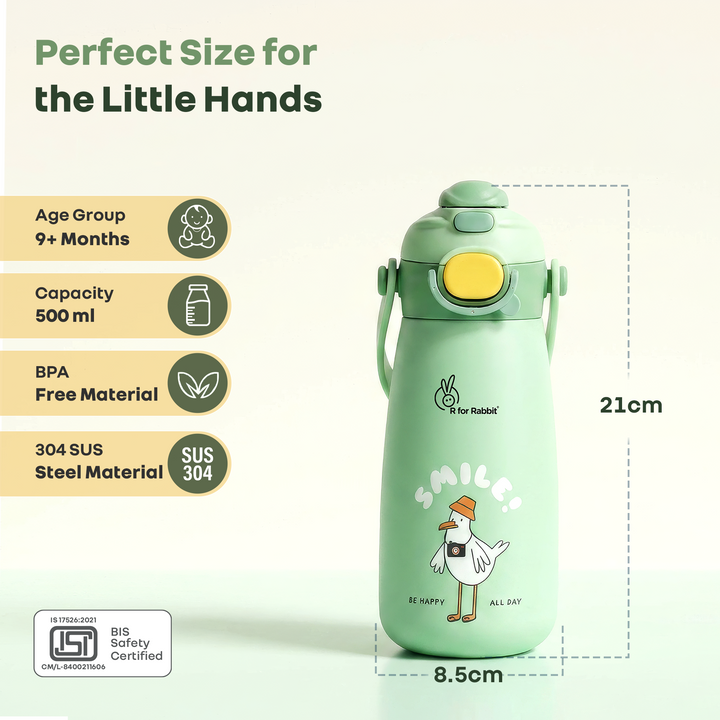 Steebo Duo 2-in-1 Stainless Steel Straw Sipper Bottle 500ml with Double Wall Insulation, Leak Proof Lockable Lid & Anti-Colic Design - Pistachio Green