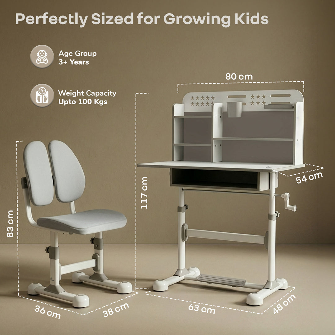 Kiddie Grow Flex Adjustable Kids Study Table with Chair – Ergonomic Desk with Storage Shelves, Drawer, Spacious Tabletop & Height Adjustment for Growing Kids (3–15 Years)