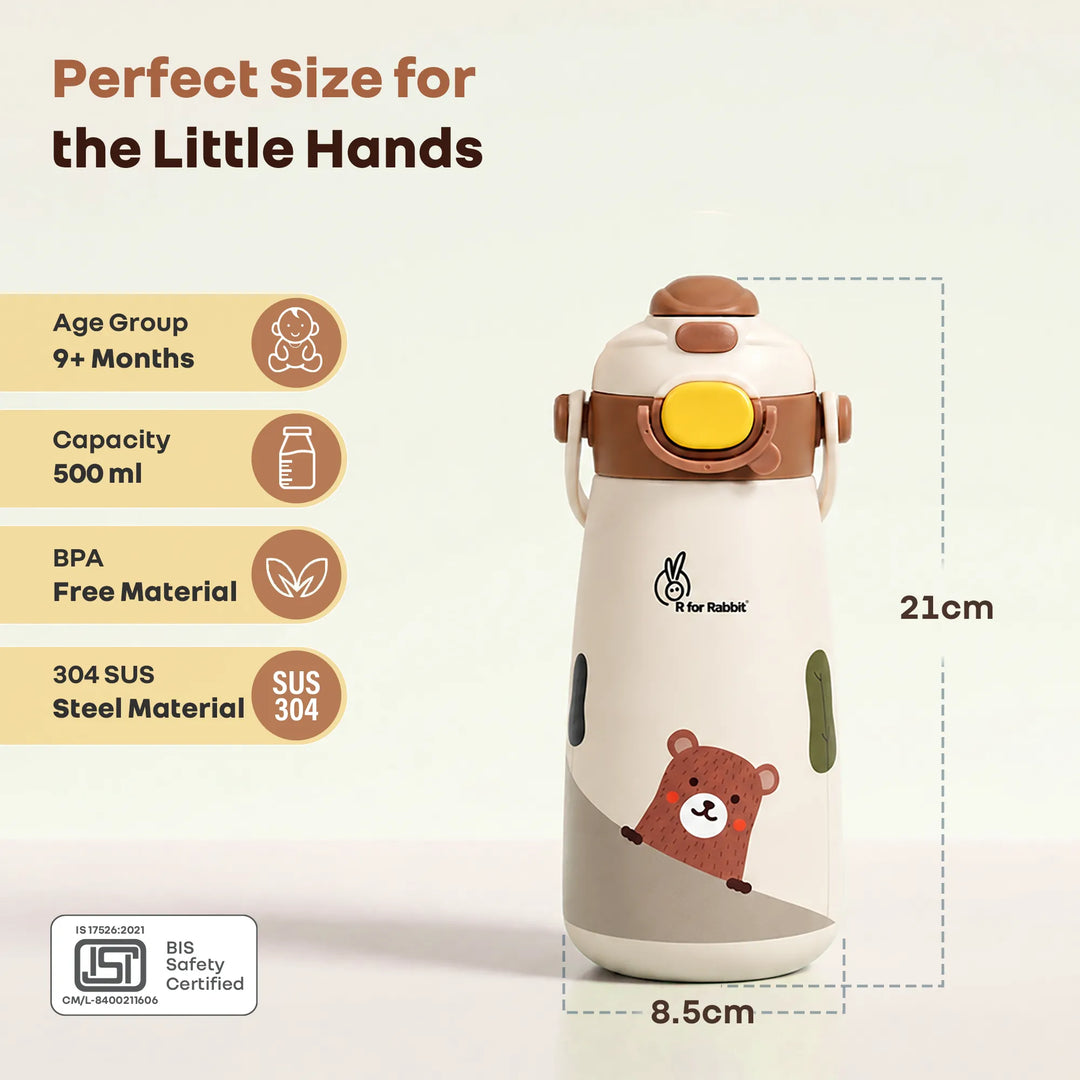 Steebo Duo 2-in-1 Stainless Steel Straw Sipper Bottle 500ml with Double Wall Insulation, Leak Proof Lockable Lid & Anti-Colic Design - Almond Cream