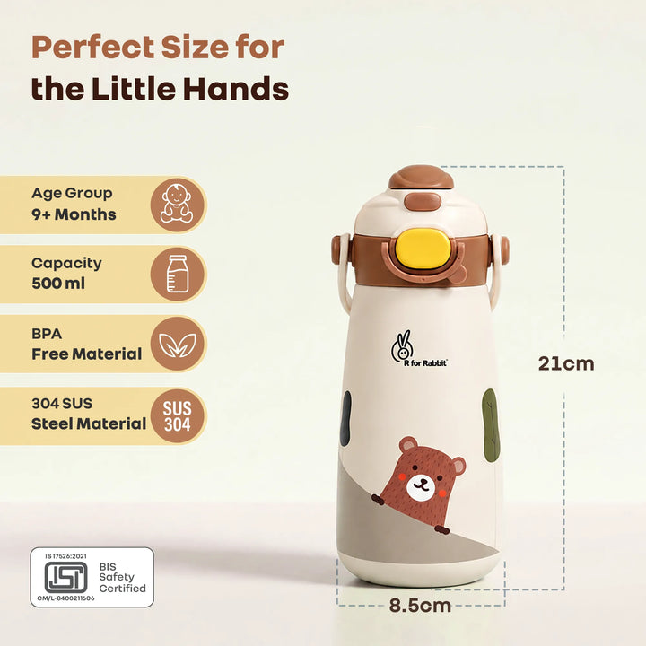 Steebo Duo 2-in-1 Stainless Steel Straw Sipper Bottle 500ml with Double Wall Insulation, Leak Proof Lockable Lid & Anti-Colic Design - Almond Cream