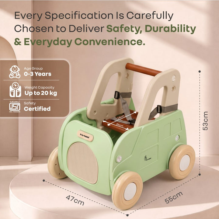 Kiddie Kart 4 in 1 Kids Toy Storage Cart, Sit & Ride, Push Walker & Pull Along, Adjustable Dual Height Handlebar, Quick Plug & Play, Age 0–3 Years – Green Beige