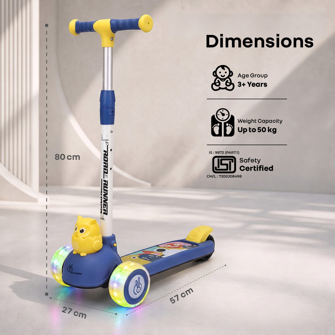 Road Runner Ryder Kids Scooter - PU LED wheels & Multi-Level Height Adjustment - Blue Yellow