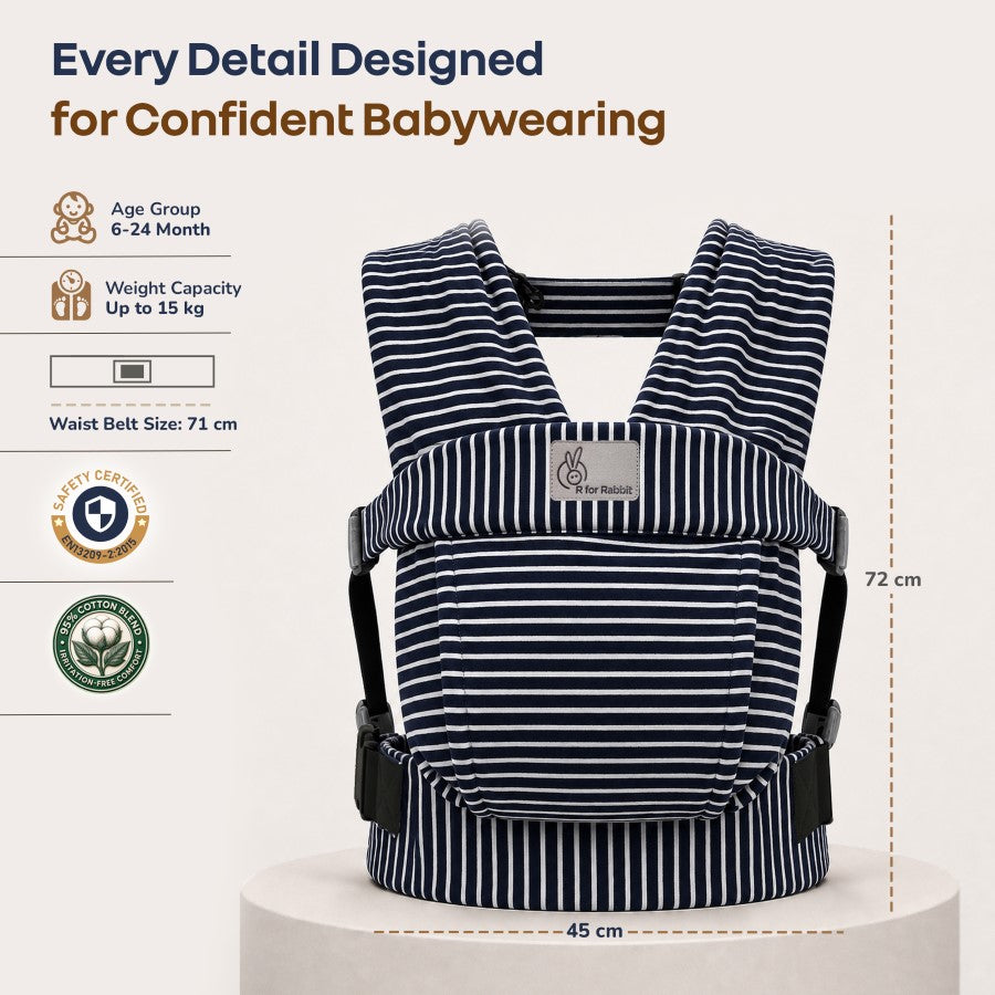Solo Wrap Flexi Hands-Free Baby Carrier with Dual Carry Positions and 3-Point Support Design – Oxford Blue Stripes
