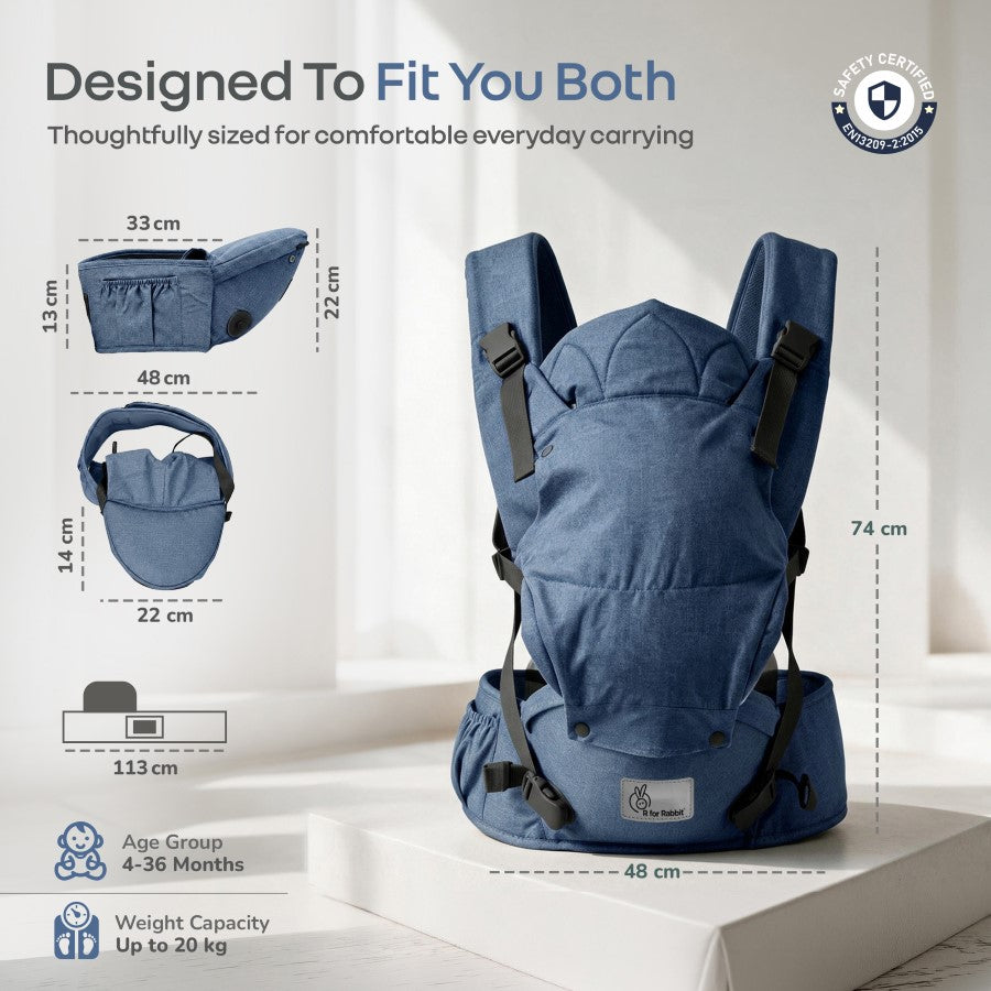 Solo Wrap Comfy 5-in-1 Baby Carrier with Detachable Hip Seat, X Back & Lumbar Support, Ergonomic M Position - Denim Blue