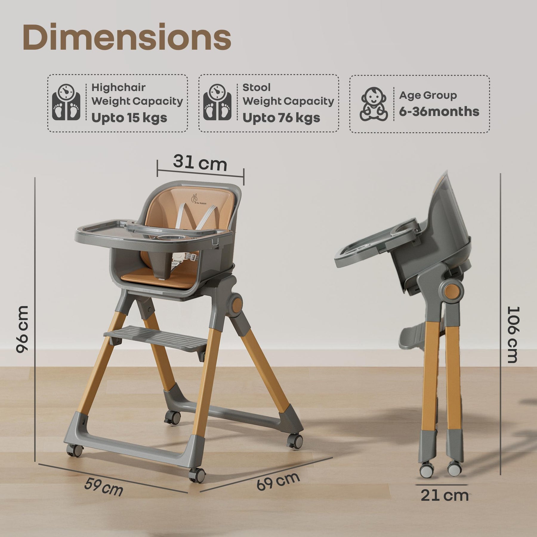 Booster Stool Walnut High Chair Dark Grey 3 in 1 with Booster Stool - R for Rabbit