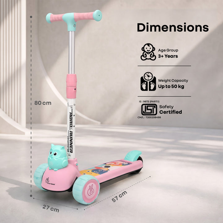 Road Runner Ryder Kids Scooter - PU LED wheels & Multi-Level Height Adjustment - Pink Blue