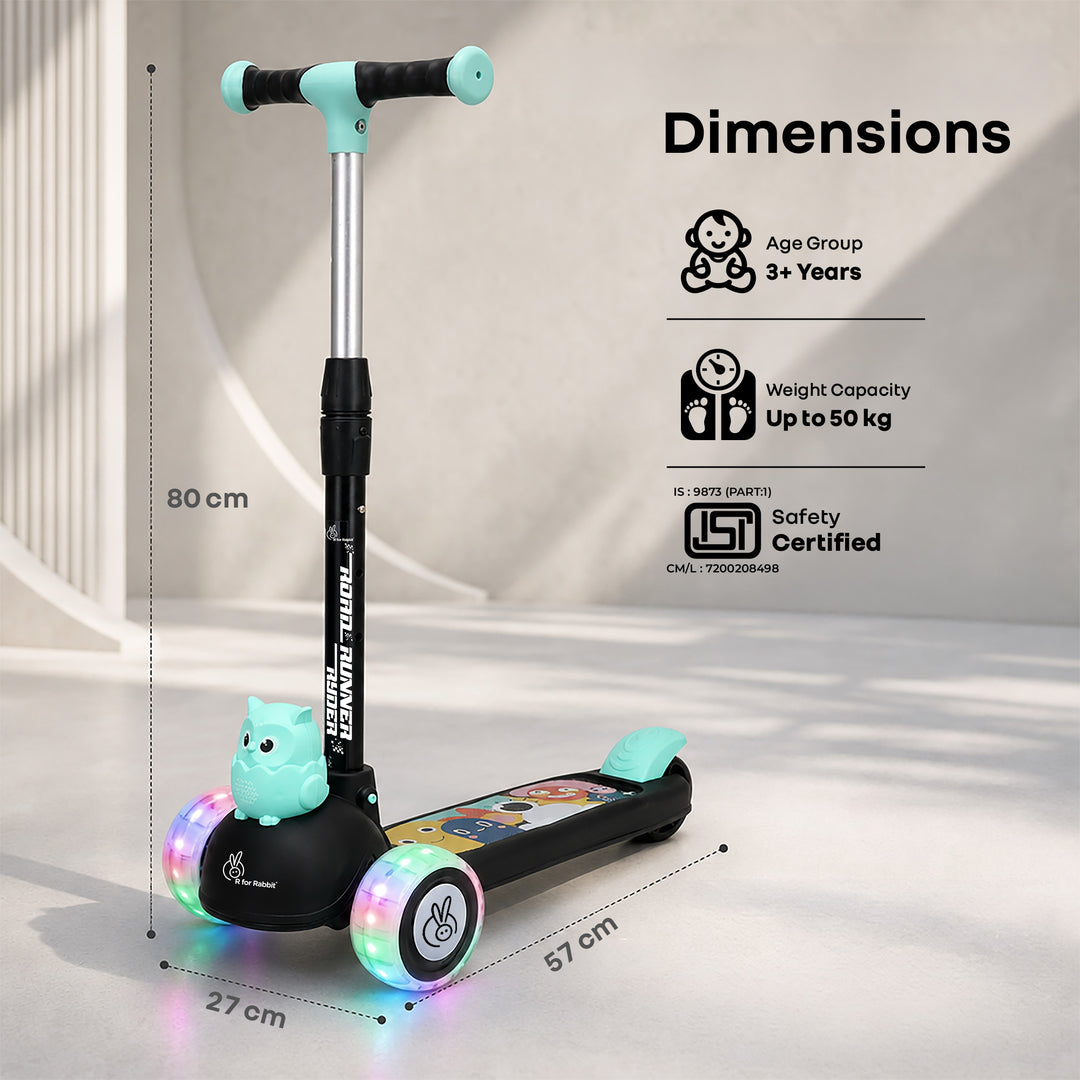 Road Runner Ryder Kids Scooter - PU LED wheels & Multi-Level Height Adjustment - Black Blue