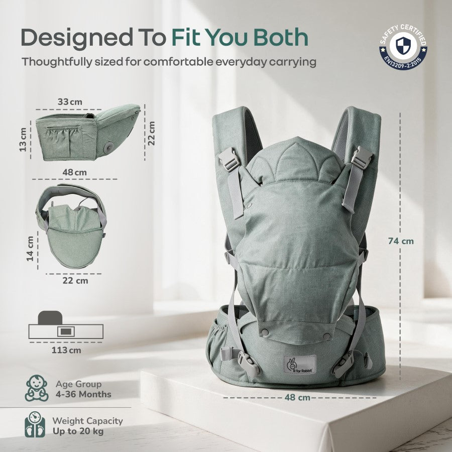 Solo Wrap Comfy 5-in-1 Baby Carrier with Detachable Hip Seat, X Back & Lumbar Support, Ergonomic M Position - Light Sage Green