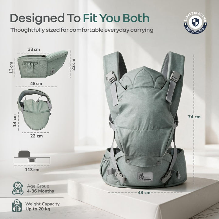 Solo Wrap Comfy 5-in-1 Baby Carrier with Detachable Hip Seat, X Back & Lumbar Support, Ergonomic M Position - Light Sage Green