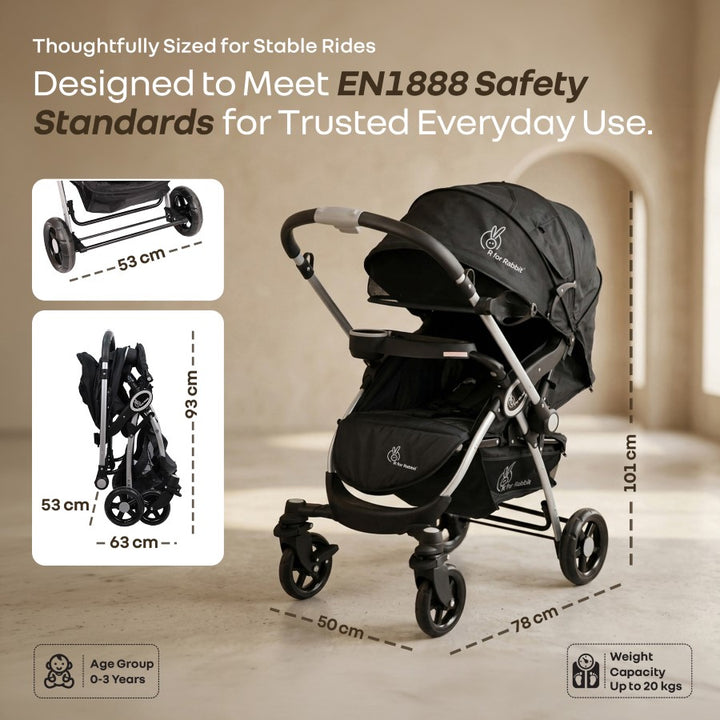 Chocolate Ride Baby Stroller With Personalized Name Plate - Black Grey
