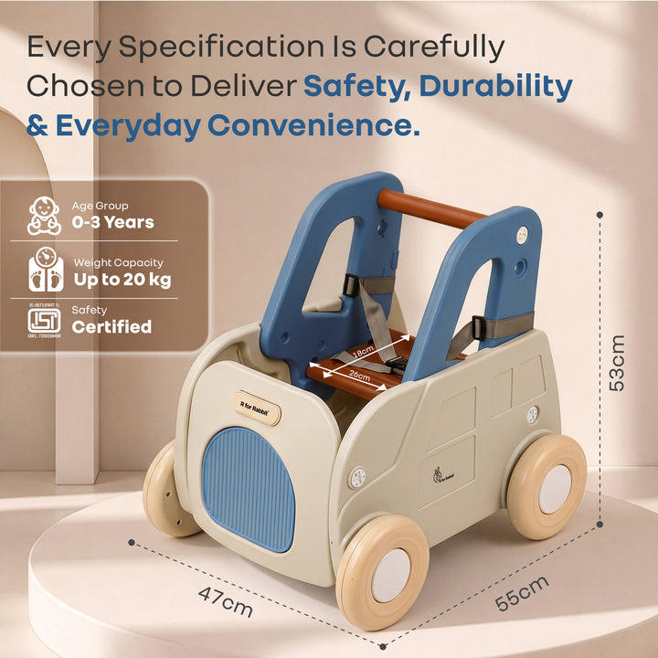Kiddie Kart 4 in 1 Kids Toy Storage Cart, Sit & Ride, Push Walker & Pull Along, Adjustable Dual Height Handlebar, Quick Plug & Play, Age 0–3 Years – Grey Blue