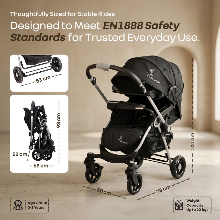 Chocolate Ride Stroller For Kids Reversible Handle, Multiple Recline Positions, Cup Holder with Meal Tray, 5 Point Safety Harness, Storage Basket - Black Grey