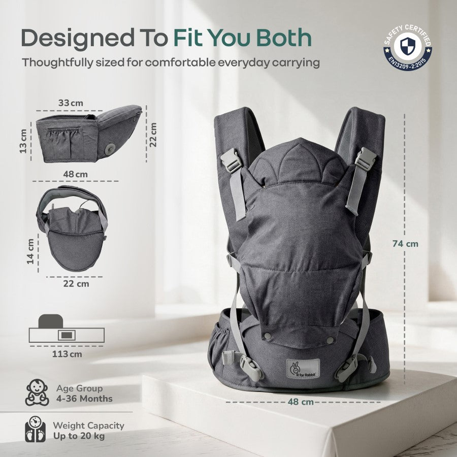 Solo Wrap Comfy 5-in-1 Baby Carrier with Detachable Hip Seat, X Back & Lumbar Support, Ergonomic M Position - Charcoal Grey