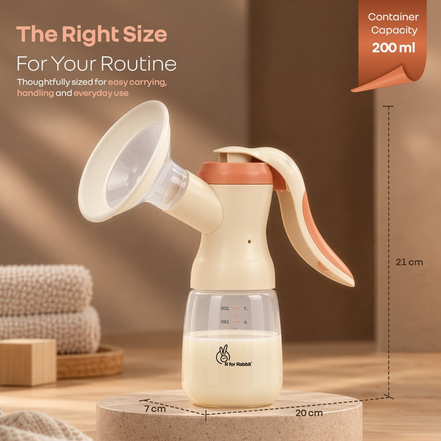 First Feed Comfy Manual Breast Pump with 106° Wide Angle Shield, 2 Adjustable Suction Modes & Anti Back Flow Design BPA Free - Apricot Orange