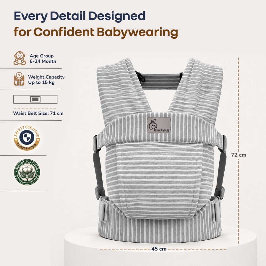 Solo Wrap Flexi Self-Wear Baby Carrier with Feather-Light Cotton Fabric and Ergonomic M-Shape Support – Mist Grey Stripes