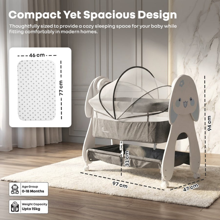 Lullabies Woodsy Bunny Smart Baby Cradle – 2-in-1 Auto Swing Cradle & Bedside Bassinet with Bluetooth Music, Timer, Plush Mattress, Mosquito Net & Storage Basket (0–18 Months)