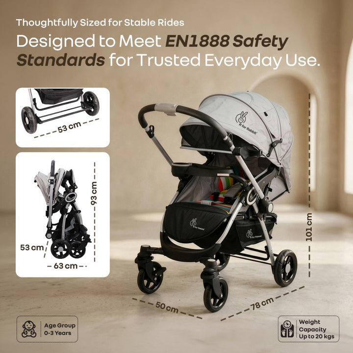 Chocolate Ride Stroller For Kids Reversible Handle, Multiple Recline Positions, Cup Holder with Meal Tray, 5 Point Safety Harness, Storage Basket - Rainbow
