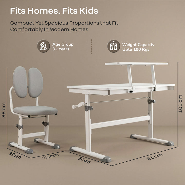 Kiddie Grow Edge Kids Study Table & Chair Set for 3–15 Years, Hydraulic Height Adjustable, Ergonomic Chair, Storage Drawer, Upto 100 kg