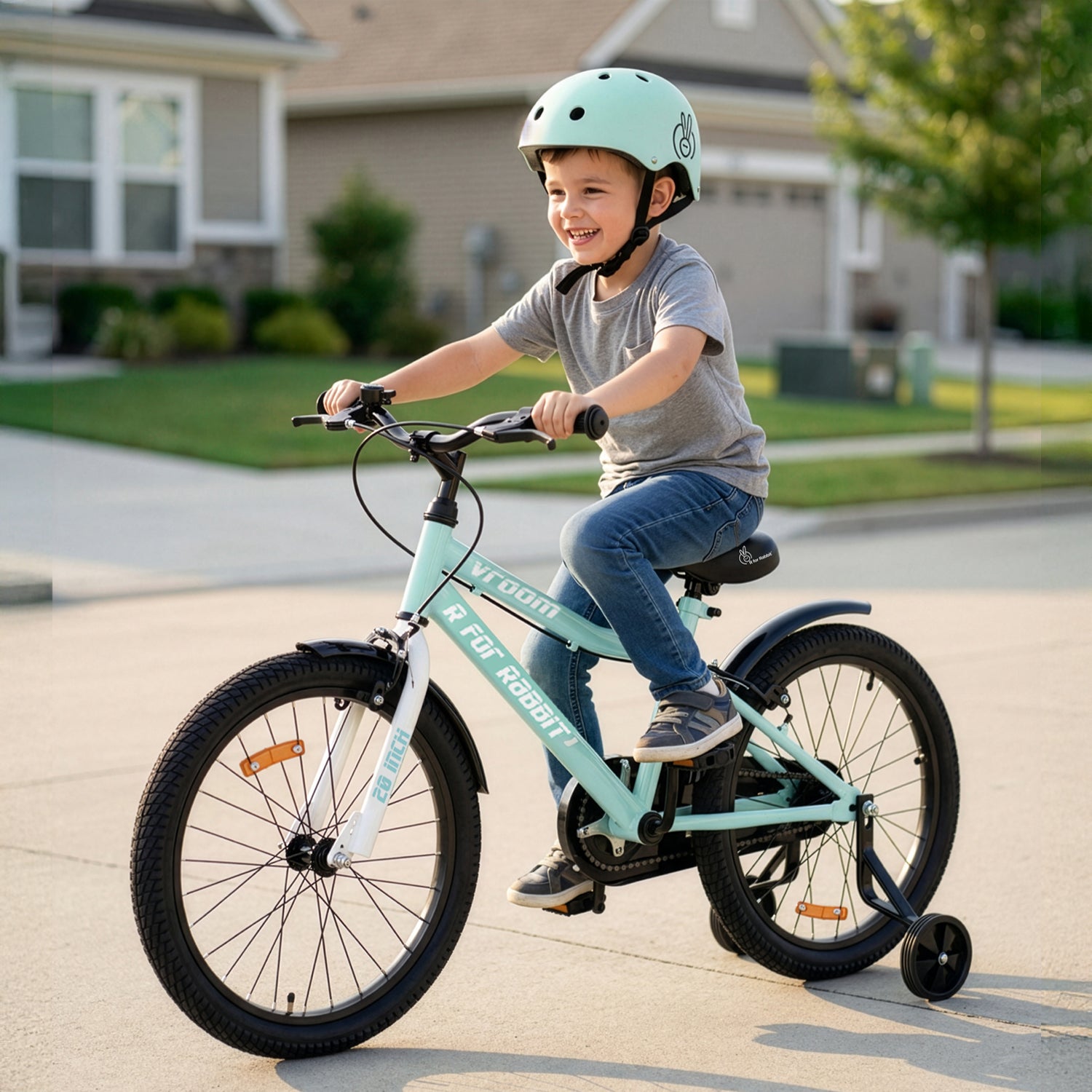 Vroom Bicycle For Kids 20 Inch With 90% Plug And Play For Ease Of Installation, Wide Training Wheels, Adjustable Seat, 7-10yrs, Upto 50kgs - Sea Green
