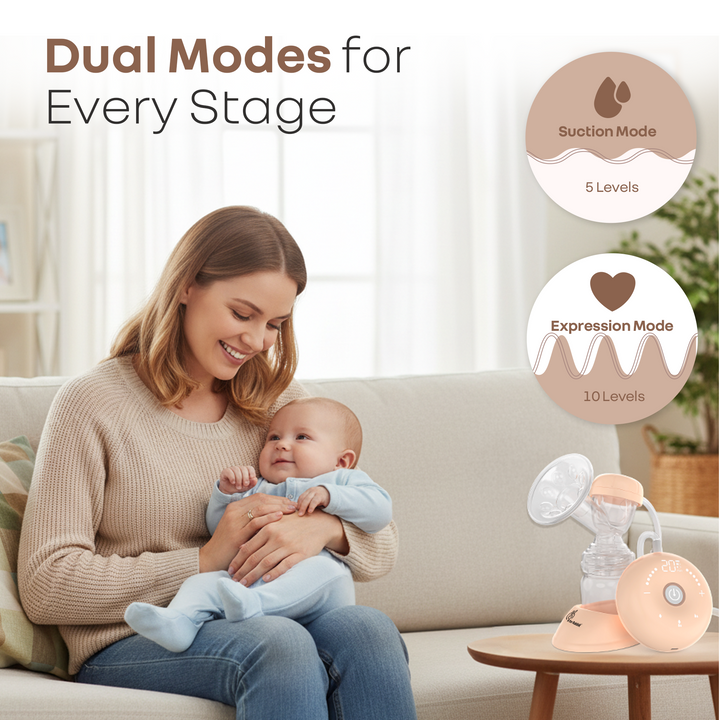 Woman holding a baby with a breast pump on a table, featuring dual mode text and icons.