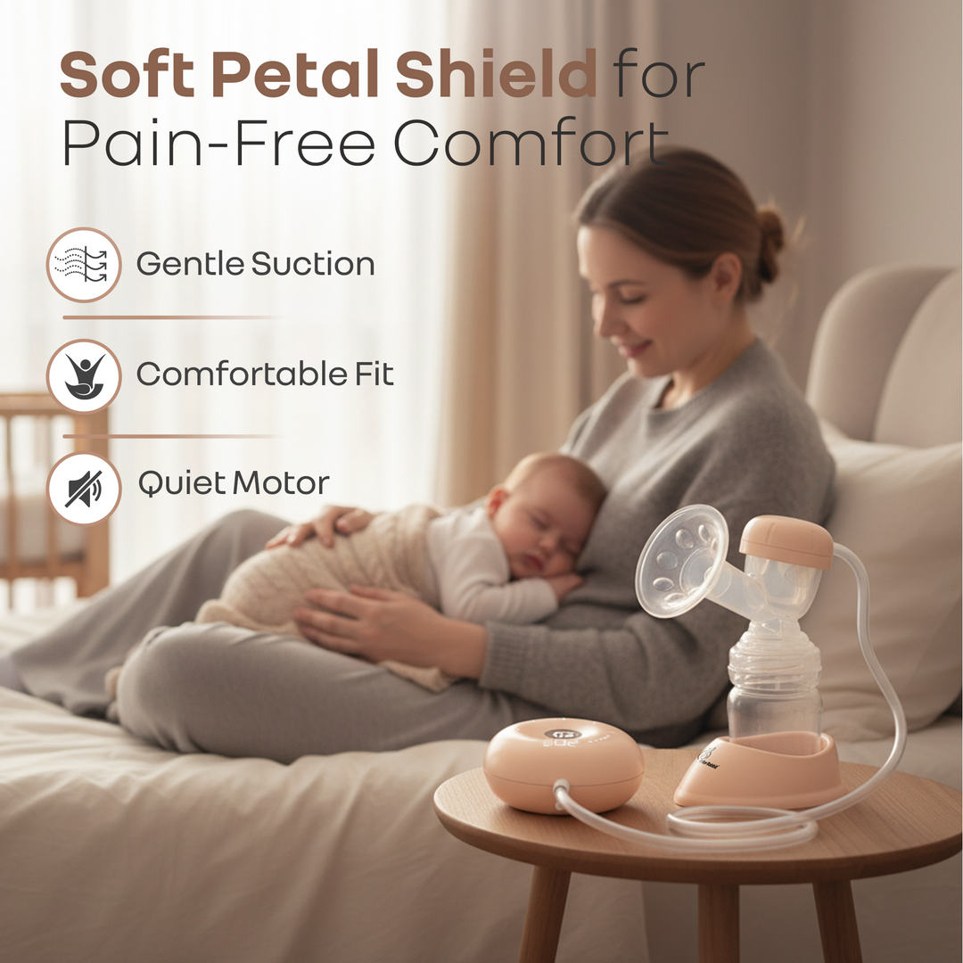 Woman holding a baby next to a breast pump with text about soft petal shield benefits.