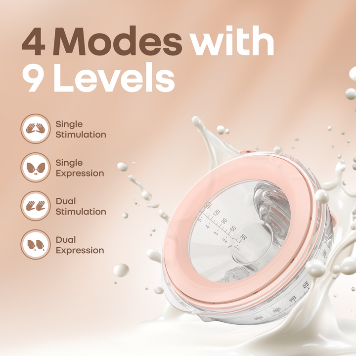 Product with milk splash design and text about modes and levels on a beige background
