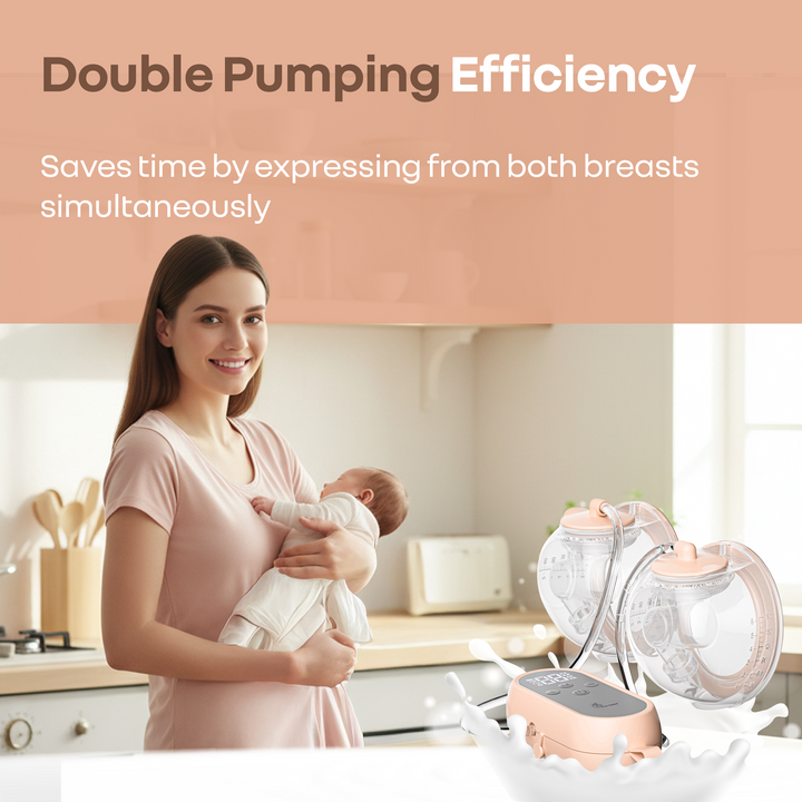Woman holding a baby with double breast pump equipment on a kitchen counter, emphasizing double pumping efficiency.