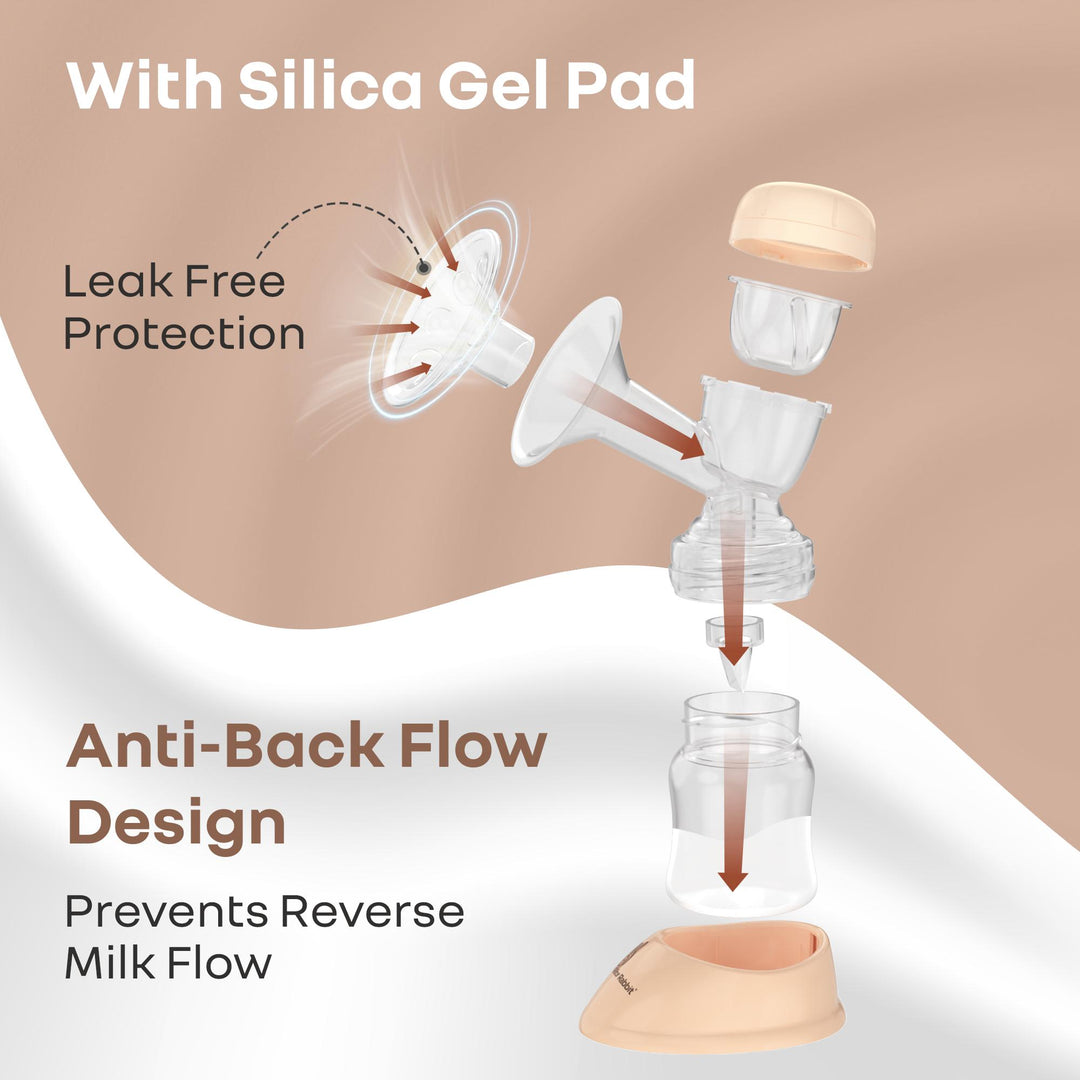Breast pump with silica gel pad feature on a beige background
