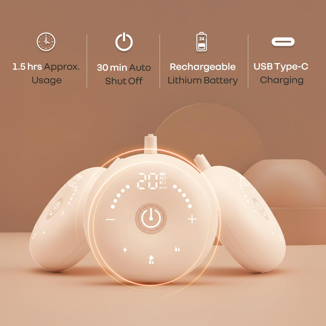 White electronic device with digital display on a brown background, featuring text about battery life and charging.