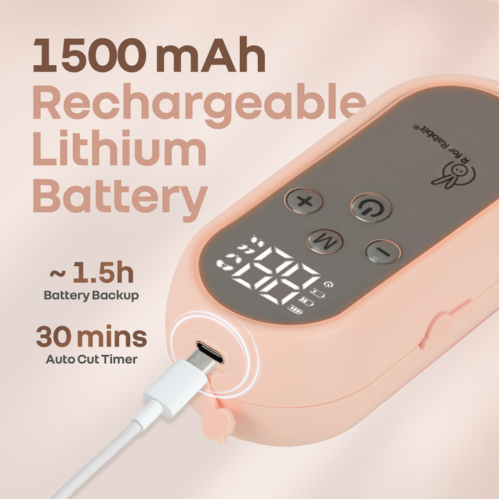 Rechargeable lithium battery device with charging cable on a beige background