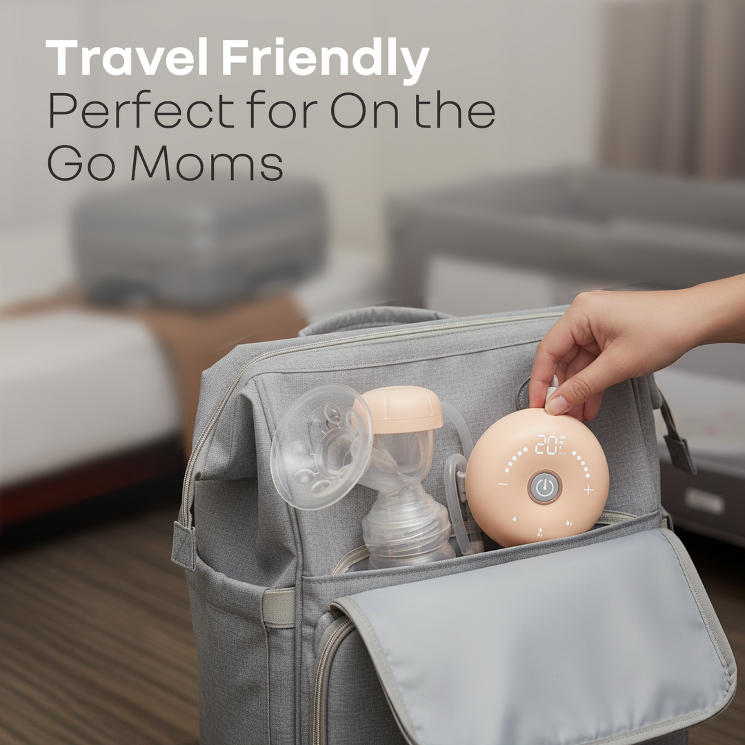 Gray diaper bag with baby bottles and a pink device, with text 'Travel Friendly Perfect for On the Go Moms'.