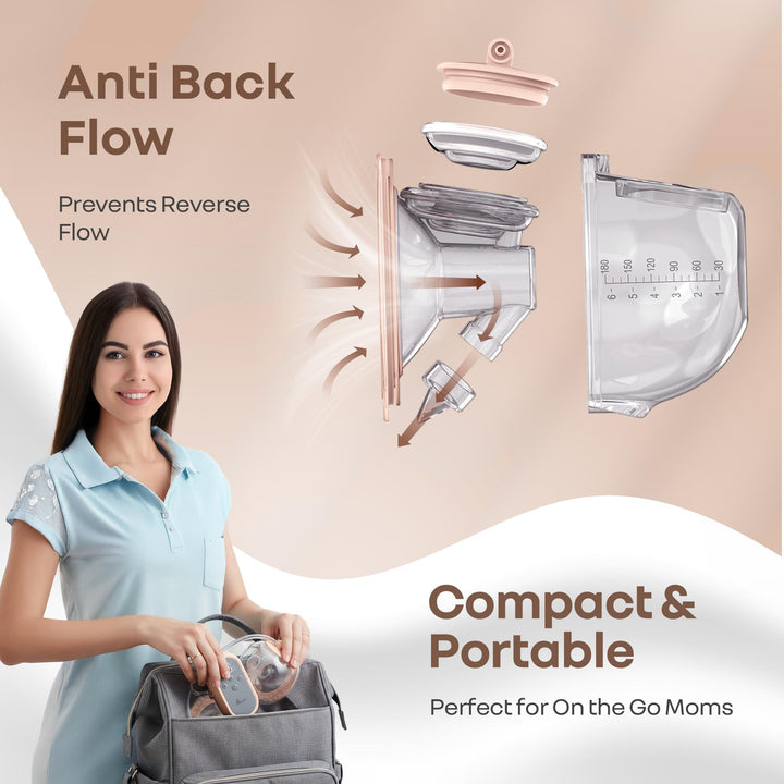 Woman holding a diaper bag with product features highlighted on a beige background