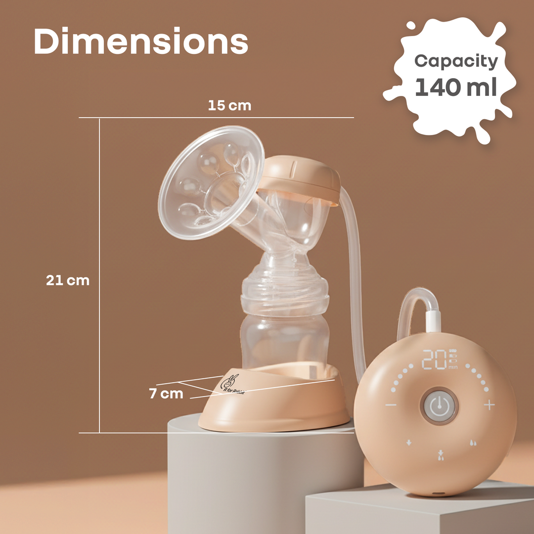 Breast pump with dimensions and capacity information on a brown background