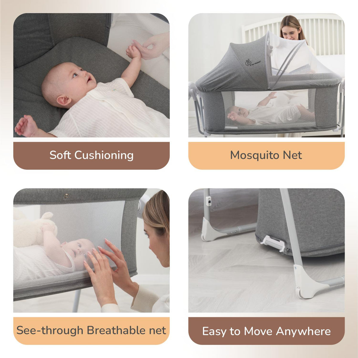 Lullaby Rabbit Motion Sensor Lullabies Smart Electric Cradle (Grey) 4-in-1 Baby Bed - R for Rabbit