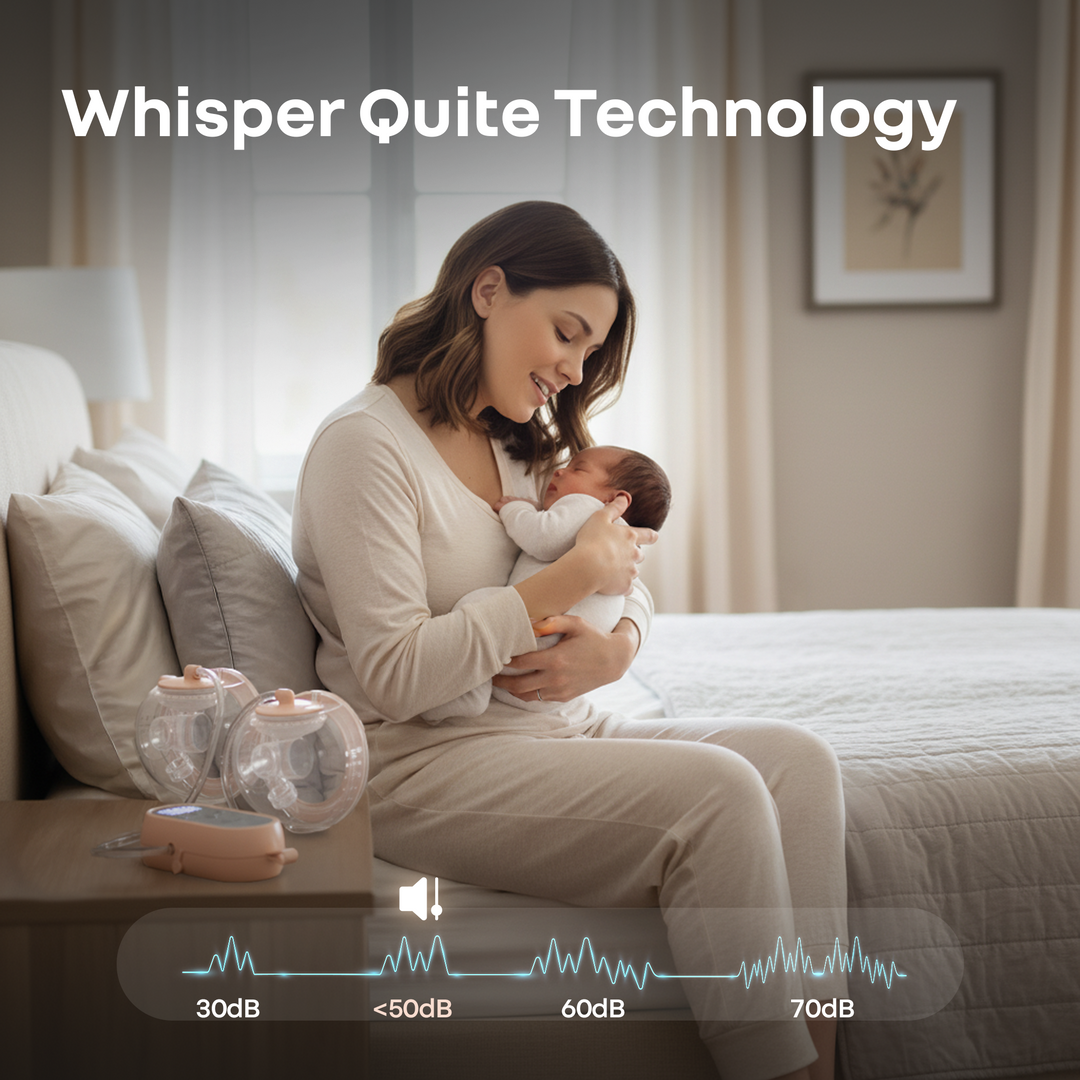 Woman holding a baby with Whisper Quite Technology device on a bed