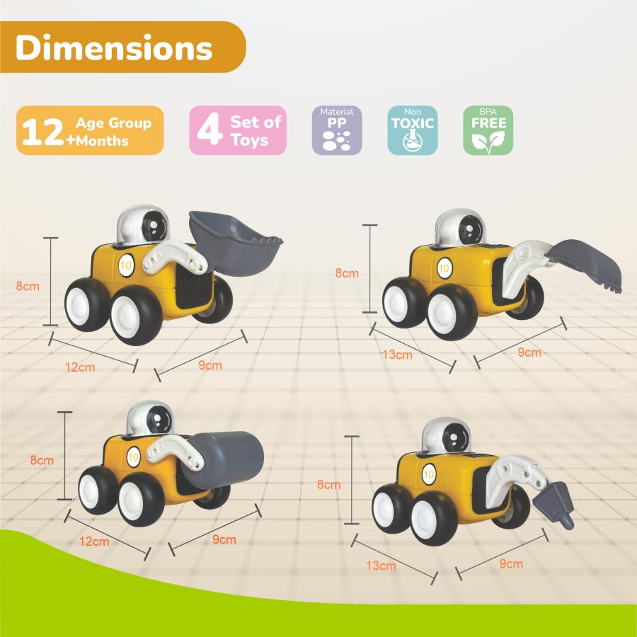 Orapple Rover 4-Piece Mini Construction Vehicle Set for Kids