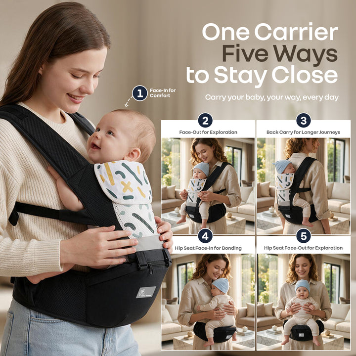CuddleUp Care 5 in 1 Baby Carrier with Breathable Mesh and Dual Secure Waist Belt – Abstract Black