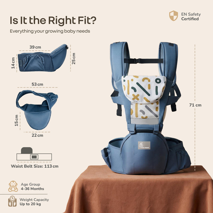CuddleUp Care 5 in 1 Ergonomic Baby Carrier with M-Shape Hip Seat and H-Shape Back Support – Abstract Blue
